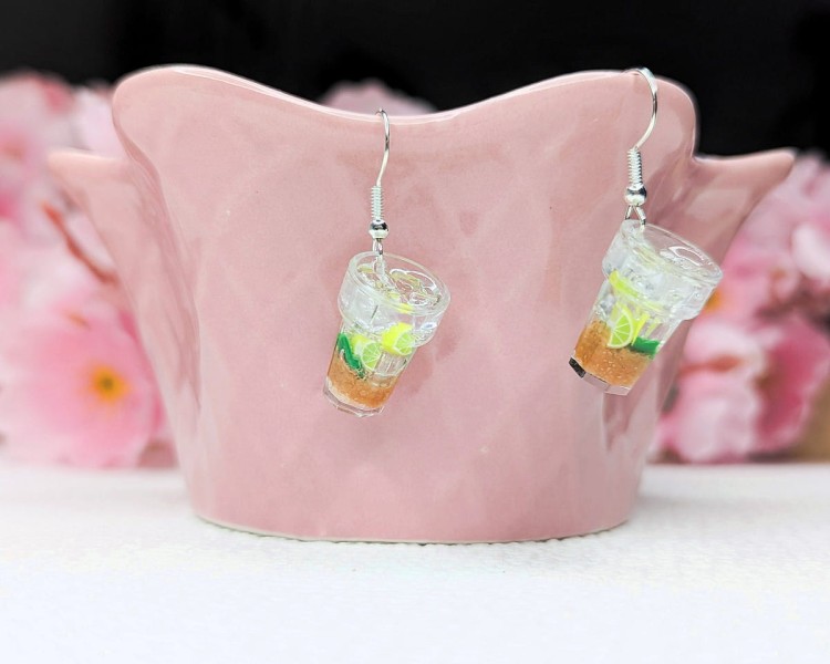 Kolczyki handmade lemoniada mojito z gliny polimerowej i żywicy, kolorowa biżuteria ze stali chirurgicznej