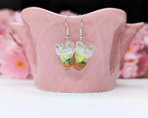 Kolczyki handmade lemoniada mojito z gliny polimerowej i żywicy, kolorowa biżuteria ze stali chirurgicznej