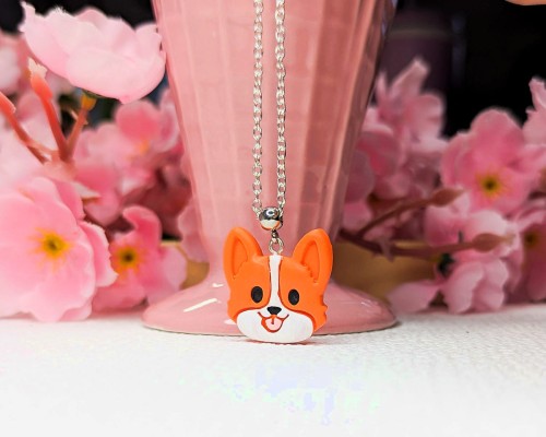 Naszyjnik handmade pies Corgi rudy z gliny polimerowej, biżuteria dla miłośników psów ze stali chirurgicznej