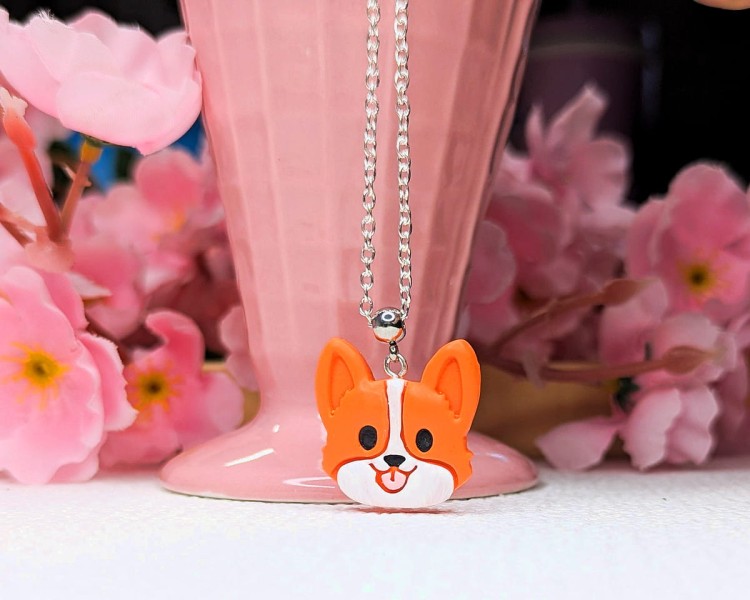 Naszyjnik handmade pies Corgi rudy z gliny polimerowej, biżuteria dla miłośników psów ze stali chirurgicznej