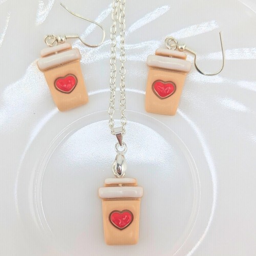 Elegancki zestaw biżuterii handmade Caffe Latte Love z motywem kawy, kolczyki i naszyjnik z gliny polimerowej ze stali chirurgicznej