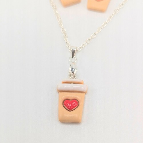 Elegancki zestaw biżuterii handmade Caffe Latte Love z motywem kawy, kolczyki i naszyjnik z gliny polimerowej ze stali chirurgicznej