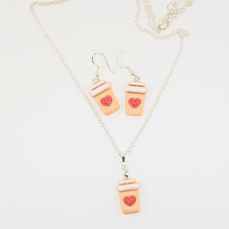 Elegancki zestaw biżuterii handmade Caffe Latte Love z motywem kawy, kolczyki i naszyjnik z gliny polimerowej ze stali chirurgicznej